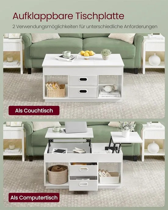 FurnStar – Salontafel – In Hoogte Verstelbaar – 2 laden & verborgen vakken – Moderne koffietafel – 50 x 100 x 48/62,3 cm –Sneeuwwit