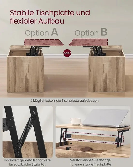 FurnStar – Salontafel – In Hoogte Verstelbaar – 2 laden & verborgen vakken – Moderne koffietafel – 50 x 100 x 48/62,3 cm – Camelbruin-Wolkenwit