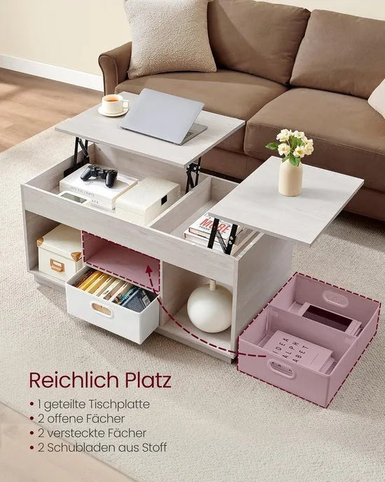 FurnStar – Salontafel – In hoogte verstelbaar – 2 laden & verborgen vakken – Moderne koffietafel – 50 x 100 x 48/62,3 cm – Havermoutbeige