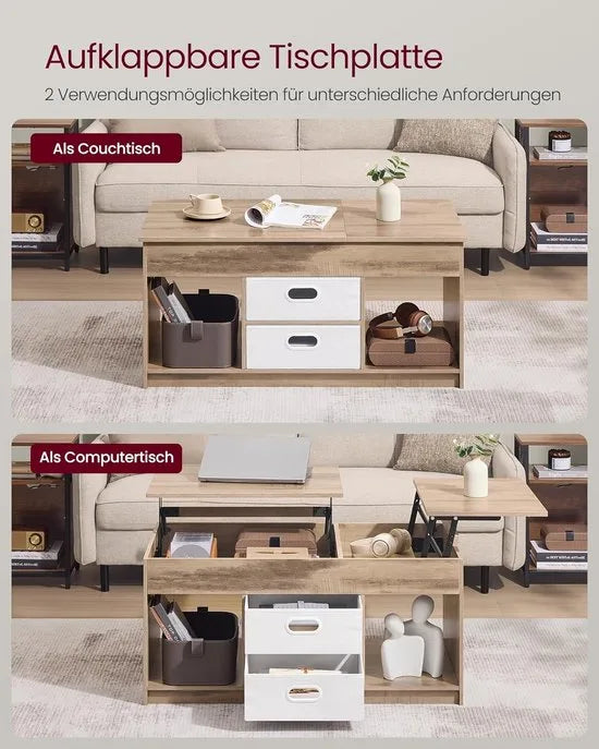 FurnStar – Salontafel – In Hoogte Verstelbaar – 2 laden & verborgen vakken – Moderne koffietafel – 50 x 100 x 48/62,3 cm – Camelbruin-Wolkenwit