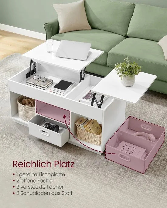 FurnStar – Salontafel – In Hoogte Verstelbaar – 2 laden & verborgen vakken – Moderne koffietafel – 50 x 100 x 48/62,3 cm –Sneeuwwit