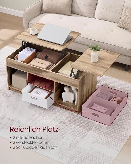 FurnStar – Salontafel – In Hoogte Verstelbaar – 2 laden & verborgen vakken – Moderne koffietafel – 50 x 100 x 48/62,3 cm – Camelbruin-Wolkenwit