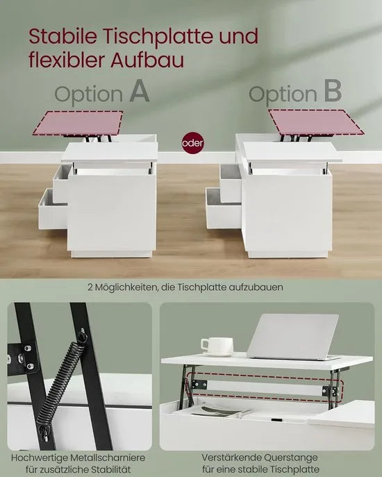 FurnStar – Salontafel – In Hoogte Verstelbaar – 2 laden & verborgen vakken – Moderne koffietafel – 50 x 100 x 48/62,3 cm –Sneeuwwit