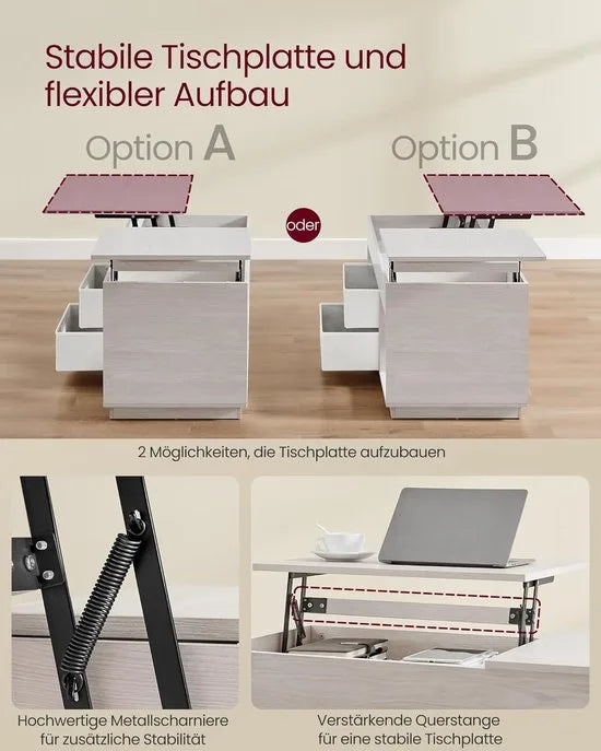FurnStar – Salontafel – In hoogte verstelbaar – 2 laden & verborgen vakken – Moderne koffietafel – 50 x 100 x 48/62,3 cm – Havermoutbeige