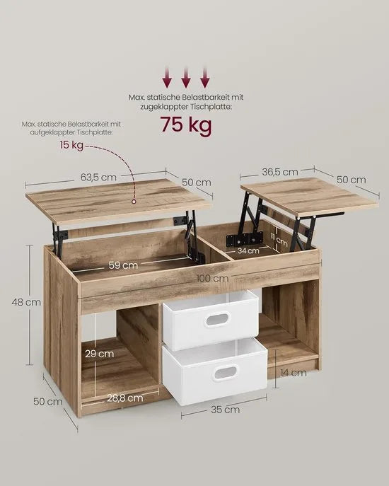 FurnStar – Salontafel – In Hoogte Verstelbaar – 2 laden & verborgen vakken – Moderne koffietafel – 50 x 100 x 48/62,3 cm – Camelbruin-Wolkenwit