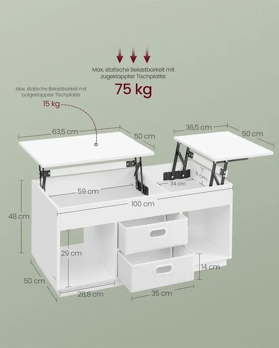 FurnStar – Salontafel – In Hoogte Verstelbaar – 2 laden & verborgen vakken – Moderne koffietafel – 50 x 100 x 48/62,3 cm –Sneeuwwit