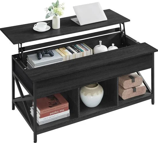 FurnStar - Salontafel - In Hoogte Verstelbare Woonkamertafel - Koffietafel - Open En Verborgen Opbergruimte - 60 X 120 X (48-62) Cm - Antraciet Grijs-Zwart