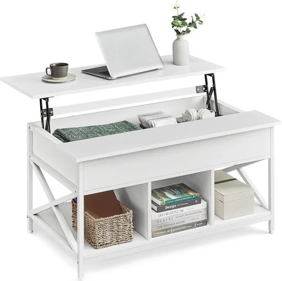 FurnStar - Salontafel - In Hoogte Verstelbare Woonkamertafel - Koffietafel - Open En Verborgen Opbergruimte - 60 X 100 X (48-62) Cm - Vintage Bruin-Zwart – Sneeuwwit 60 x 100
