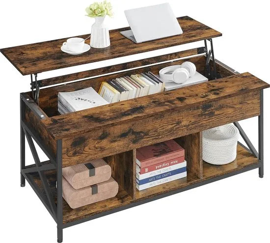 FurnStar - Salontafel - In Hoogte Verstelbare Woonkamertafel - Koffietafel - Open En Verborgen Opbergruimte - 60 X 120 X (48-62) Cm - Vintage Bruin-Zwart