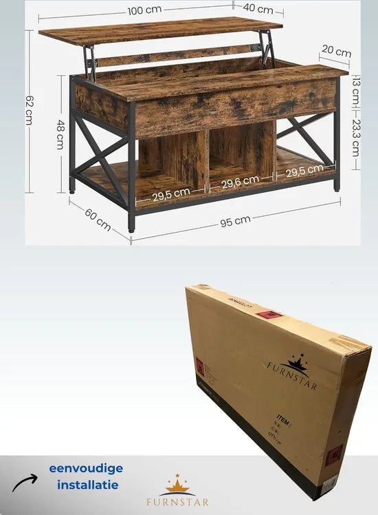 FurnStar - Salontafel - In Hoogte Verstelbare Woonkamertafel - Koffietafel - Open En Verborgen Opbergruimte - 60 X 100 X (48-62) Cm - Vintage Bruin-Zwart