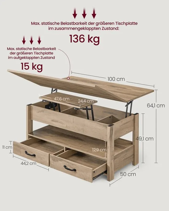 FurnStar - Salontafel - In Hoogte Verstelbare Woonkamertafel - Koffietafel - Open En Verborgen Opbergruimte - 60 X 100 X (48-62) Cm - Vintage Bruin-Zwart – Camel bruin 50 x 100