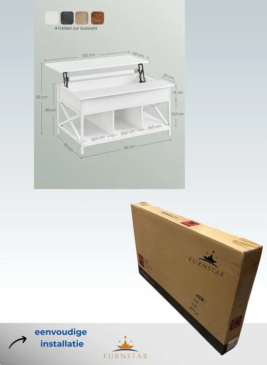 FurnStar - Salontafel - In Hoogte Verstelbare Woonkamertafel - Koffietafel - Open En Verborgen Opbergruimte - 60 X 100 X (48-62) Cm - Sneeuw Wit