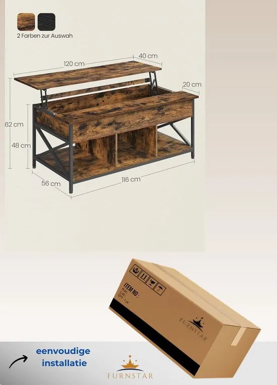 FurnStar - Salontafel - In Hoogte Verstelbare Woonkamertafel - Koffietafel - Open En Verborgen Opbergruimte - 60 X 120 X (48-62) Cm - Vintage Bruin-Zwart