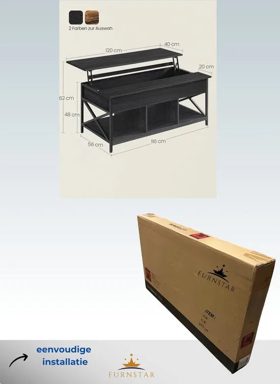 FurnStar - Salontafel - In Hoogte Verstelbare Woonkamertafel - Koffietafel - Open En Verborgen Opbergruimte - 60 X 120 X (48-62) Cm - Antraciet Grijs-Zwart