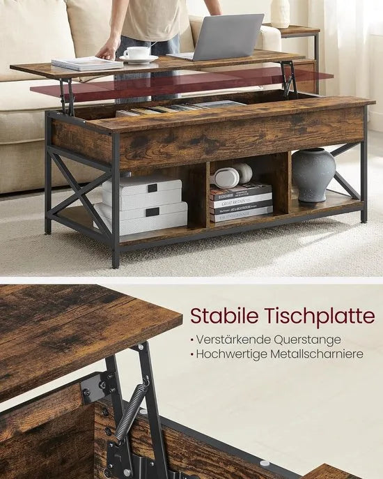 FurnStar - Salontafel - In Hoogte Verstelbare Woonkamertafel - Koffietafel - Open En Verborgen Opbergruimte - 60 X 120 X (48-62) Cm - Vintage Bruin-Zwart