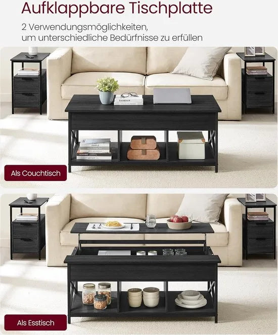 FurnStar - Salontafel - In Hoogte Verstelbare Woonkamertafel - Koffietafel - Open En Verborgen Opbergruimte - 60 X 120 X (48-62) Cm - Antraciet Grijs-Zwart