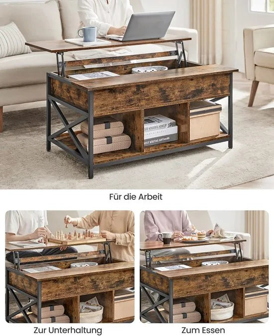 FurnStar - Salontafel - In Hoogte Verstelbare Woonkamertafel - Koffietafel - Open En Verborgen Opbergruimte - 60 X 100 X (48-62) Cm - Vintage Bruin-Zwart