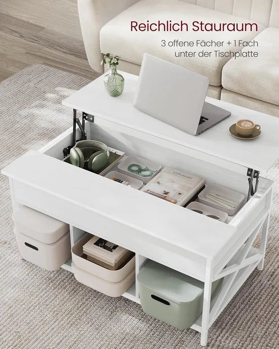 FurnStar - Salontafel - In Hoogte Verstelbare Woonkamertafel - Koffietafel - Open En Verborgen Opbergruimte - 60 X 100 X (48-62) Cm - Sneeuw Wit