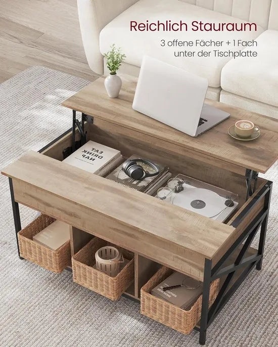 FurnStar - Salontafel - In Hoogte Verstelbare Woonkamertafel - Koffietafel - Open En Verborgen Opbergruimte - 60 X 100 X (48-62) Cm - Camel Bruin-Zwart