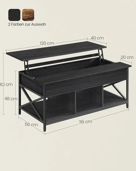FurnStar - Salontafel - In Hoogte Verstelbare Woonkamertafel - Koffietafel - Open En Verborgen Opbergruimte - 60 X 120 X (48-62) Cm - Antraciet Grijs-Zwart
