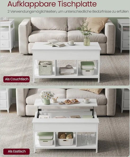 FurnStar - Salontafel - In Hoogte Verstelbare Woonkamertafel - Koffietafel - Open En Verborgen Opbergruimte - 60 X 100 X (48-62) Cm - Sneeuw Wit