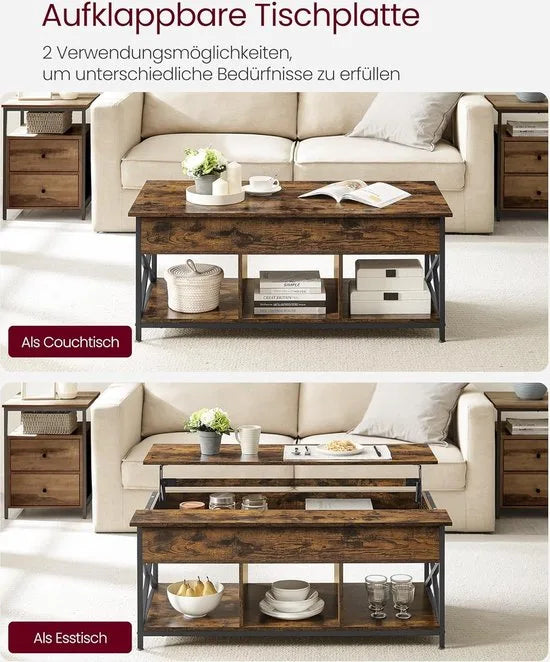 FurnStar - Salontafel - In Hoogte Verstelbare Woonkamertafel - Koffietafel - Open En Verborgen Opbergruimte - 60 X 120 X (48-62) Cm - Vintage Bruin-Zwart