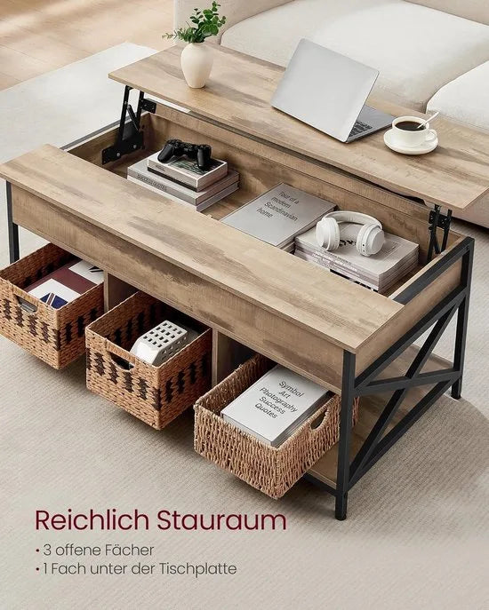 FurnStar - Salontafel - In Hoogte Verstelbare Woonkamertafel - Koffietafel - Open En Verborgen Opbergruimte - 60 X 100 X (48-62) Cm - Vintage Bruin-Zwart – Camel bruin-zwart 60 x 120
