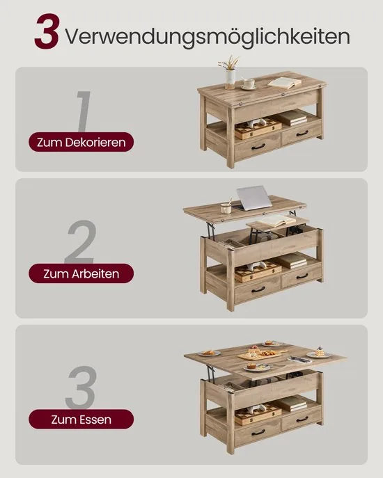 FurnStar - Salontafel - In Hoogte Verstelbare Woonkamertafel - Koffietafel - Open En Verborgen Opbergruimte - 50 X 100 X (49-64) Cm - Camel Bruin