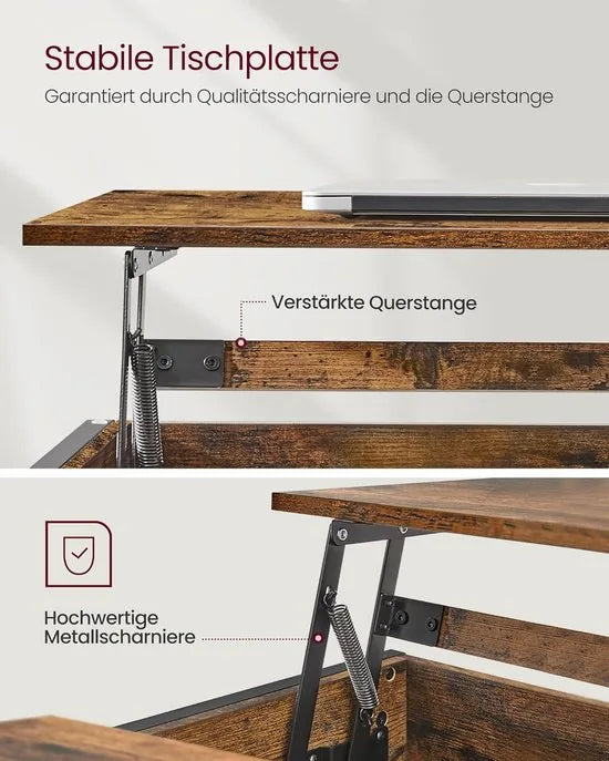 FurnStar - Salontafel - In Hoogte Verstelbare Woonkamertafel - Koffietafel - Open En Verborgen Opbergruimte - 60 X 100 X (48-62) Cm - Vintage Bruin-Zwart
