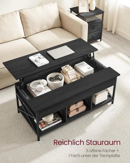 FurnStar - Salontafel - In Hoogte Verstelbare Woonkamertafel - Koffietafel - Open En Verborgen Opbergruimte - 60 X 120 X (48-62) Cm - Antraciet Grijs-Zwart