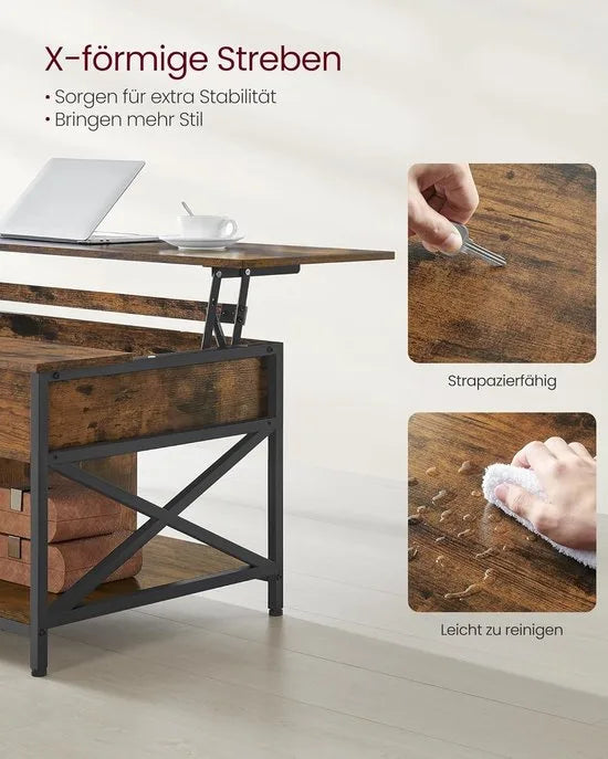 FurnStar - Salontafel - In Hoogte Verstelbare Woonkamertafel - Koffietafel - Open En Verborgen Opbergruimte - 60 X 120 X (48-62) Cm - Vintage Bruin-Zwart
