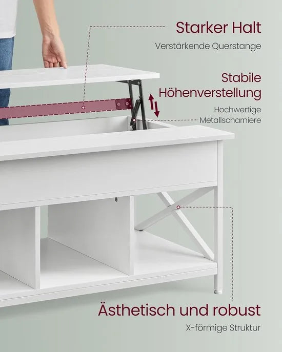 FurnStar - Salontafel - In Hoogte Verstelbare Woonkamertafel - Koffietafel - Open En Verborgen Opbergruimte - 60 X 100 X (48-62) Cm - Vintage Bruin-Zwart – Sneeuwwit 60 x 100