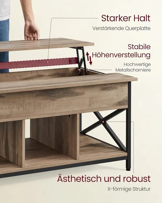 FurnStar - Salontafel - In Hoogte Verstelbare Woonkamertafel - Koffietafel - Open En Verborgen Opbergruimte - 60 X 100 X (48-62) Cm - Vintage Bruin-Zwart – Camel bruin-zwart 60 x 100