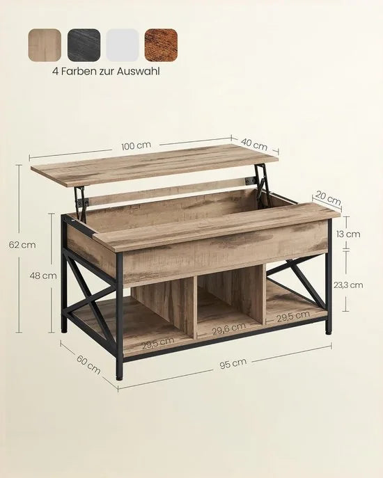 FurnStar - Salontafel - In Hoogte Verstelbare Woonkamertafel - Koffietafel - Open En Verborgen Opbergruimte - 60 X 100 X (48-62) Cm - Camel Bruin-Zwart