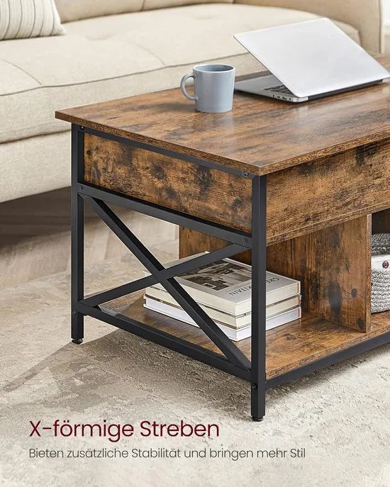 FurnStar - Salontafel - In Hoogte Verstelbare Woonkamertafel - Koffietafel - Open En Verborgen Opbergruimte - 60 X 100 X (48-62) Cm - Vintage Bruin-Zwart