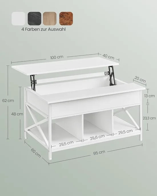 FurnStar - Salontafel - In Hoogte Verstelbare Woonkamertafel - Koffietafel - Open En Verborgen Opbergruimte - 60 X 100 X (48-62) Cm - Sneeuw Wit
