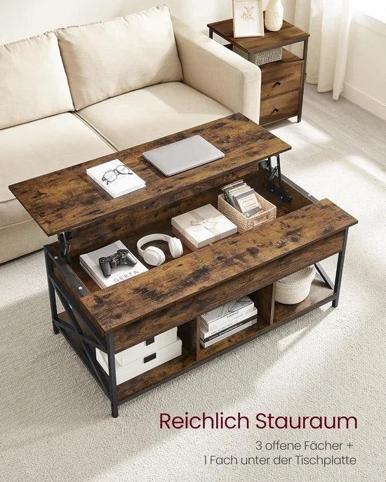 FurnStar - Salontafel - In Hoogte Verstelbare Woonkamertafel - Koffietafel - Open En Verborgen Opbergruimte - 60 X 120 X (48-62) Cm - Vintage Bruin-Zwart