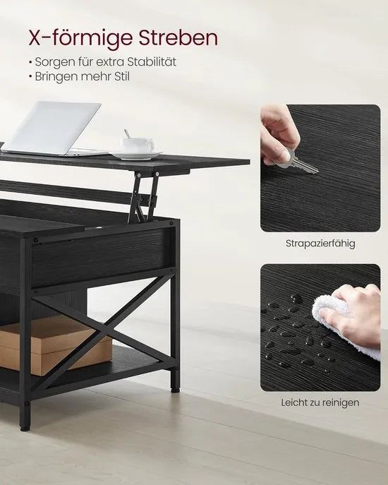 FurnStar - Salontafel - In Hoogte Verstelbare Woonkamertafel - Koffietafel - Open En Verborgen Opbergruimte - 60 X 120 X (48-62) Cm - Antraciet Grijs-Zwart