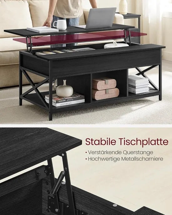 FurnStar - Salontafel - In Hoogte Verstelbare Woonkamertafel - Koffietafel - Open En Verborgen Opbergruimte - 60 X 120 X (48-62) Cm - Antraciet Grijs-Zwart
