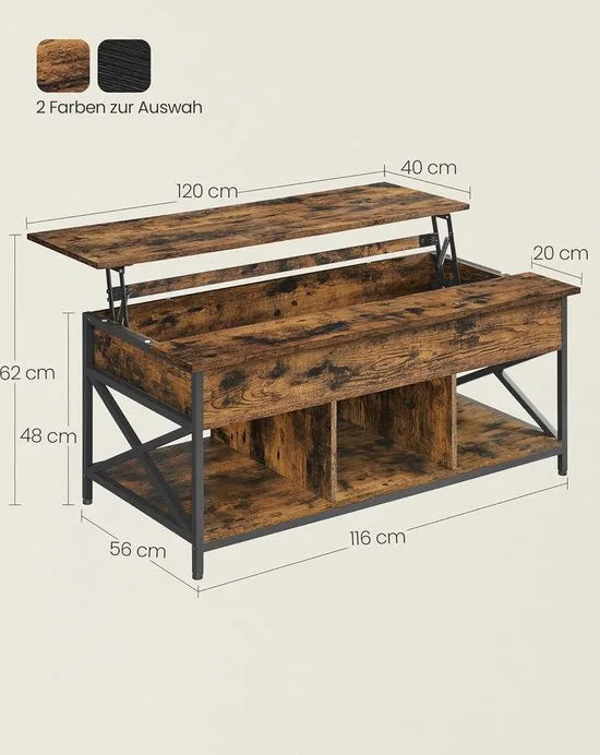 FurnStar - Salontafel - In Hoogte Verstelbare Woonkamertafel - Koffietafel - Open En Verborgen Opbergruimte - 60 X 120 X (48-62) Cm - Vintage Bruin-Zwart