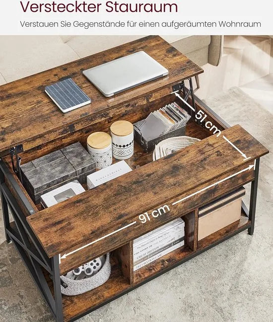 FurnStar - Salontafel - In Hoogte Verstelbare Woonkamertafel - Koffietafel - Open En Verborgen Opbergruimte - 60 X 100 X (48-62) Cm - Vintage Bruin-Zwart