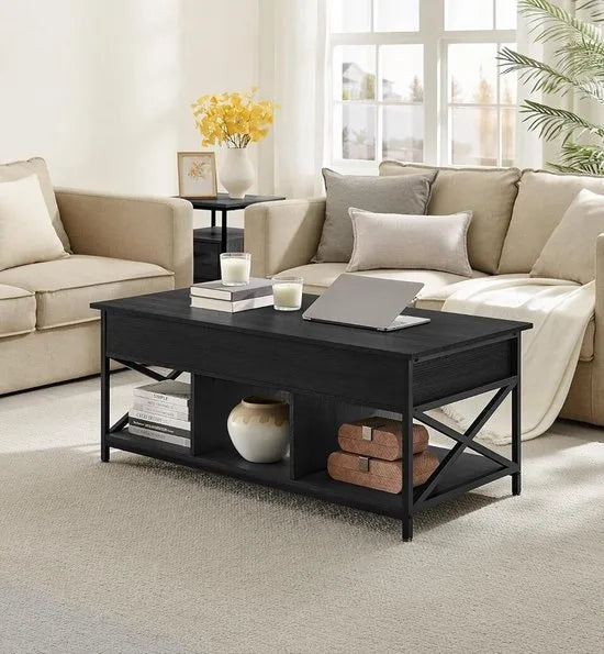 FurnStar - Salontafel - In Hoogte Verstelbare Woonkamertafel - Koffietafel - Open En Verborgen Opbergruimte - 60 X 120 X (48-62) Cm - Antraciet Grijs-Zwart