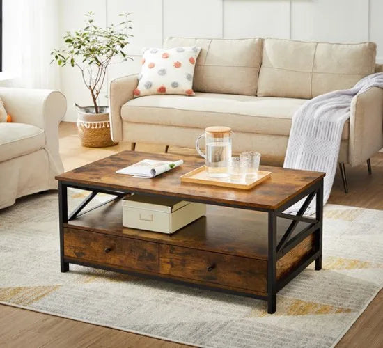 FurnStar Salontafel met 2 Laden en Opbergvak – 100 x 55 x 45 cm – Industrieel Design – Rustiek Bruin/Zwart