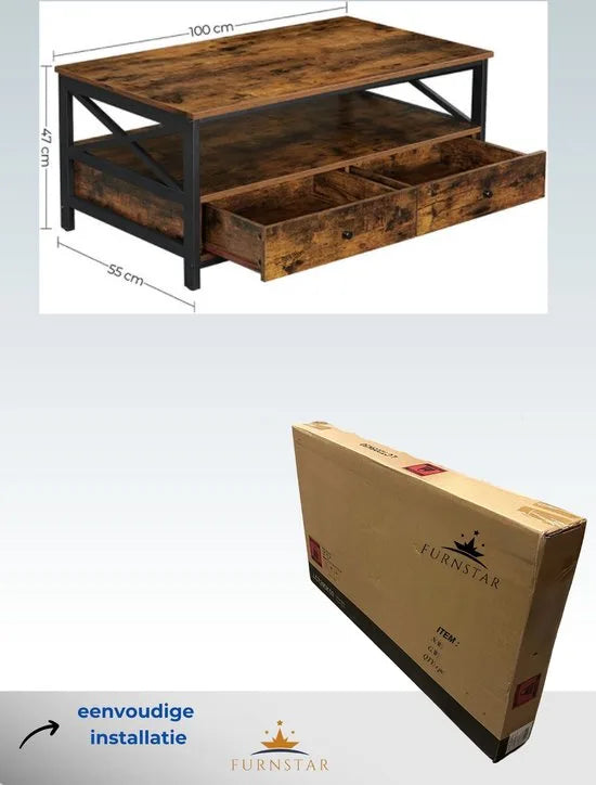 FurnStar Salontafel met 2 Laden en Opbergvak – 100 x 55 x 45 cm – Industrieel Design – Rustiek Bruin/Zwart