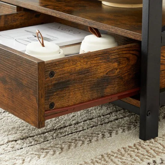 FurnStar Salontafel met 2 Laden en Opbergvak – 100 x 55 x 45 cm – Industrieel Design – Rustiek Bruin/Zwart