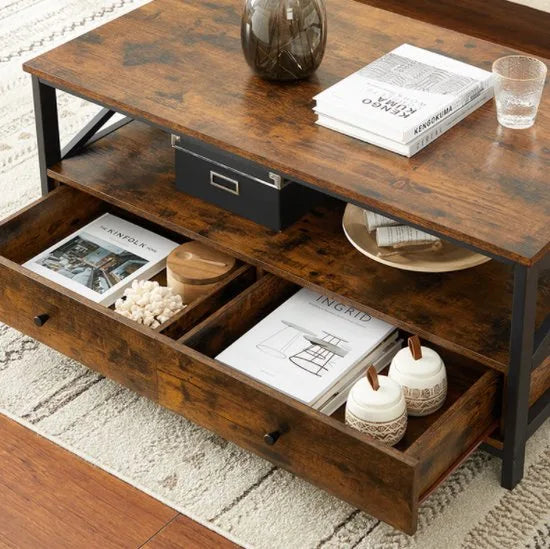 FurnStar Salontafel met 2 Laden en Opbergvak – 100 x 55 x 45 cm – Industrieel Design – Rustiek Bruin/Zwart