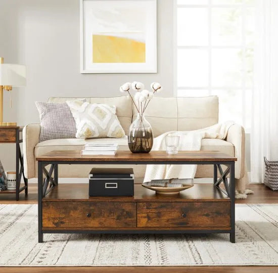 FurnStar Salontafel met 2 Laden en Opbergvak – 100 x 55 x 45 cm – Industrieel Design – Rustiek Bruin/Zwart