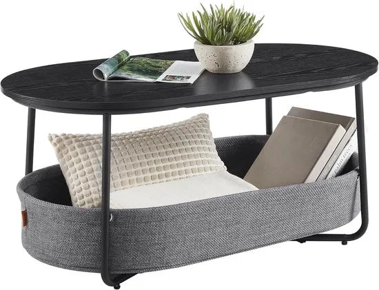 Furnstar - Salontafel ovaal - Tafel met opbergruimte - Bijzettafel - Woonkamertafel met mand van stof - Modern design - Metalen frame - Inktzwart Leigrijs