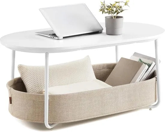 Furnstar - Salontafel ovaal - Tafel met opbergruimte - Bijzettafel - Woonkamertafel met mand van stof - Modern design - Metalen frame - Matwit Camelbruin
