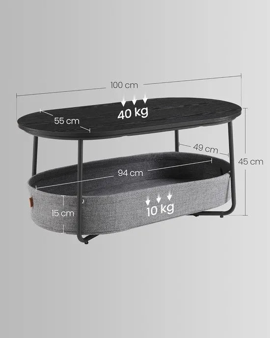 Furnstar - Salontafel ovaal - Tafel met opbergruimte - Bijzettafel - Woonkamertafel met mand van stof - Modern design - Metalen frame - Inktzwart Leigrijs